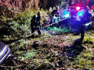 Řidič skočil s elektromobilem do rybníku. Auto dokázalo uplavat 100 metrů, téměř až ke druhému břehu