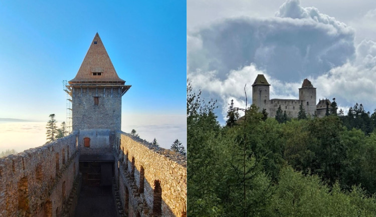 Západní věž s již novou střechou a pohled na hrad Kašperk ještě před opravou