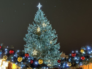 Vánoční strom poprvé rozzářil zcela zaplněné plzeňské náměstí Republiky. Stříbrný smrk rostl původně v Hřbitovní ulici