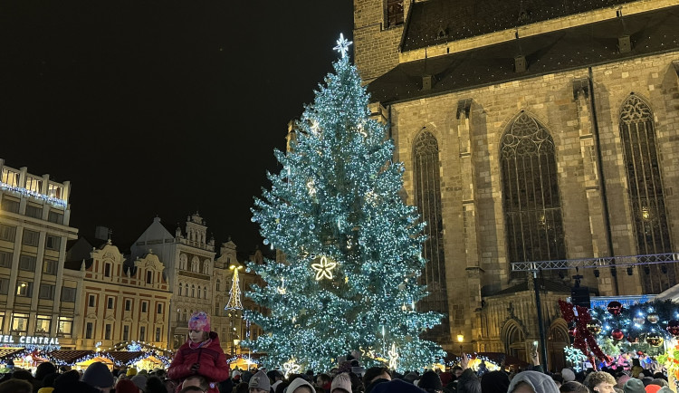 Vánoční strom poprvé rozzářil zcela zaplněné plzeňské náměstí Republiky. Stříbrný smrk rostl původně v Hřbitovní ulici