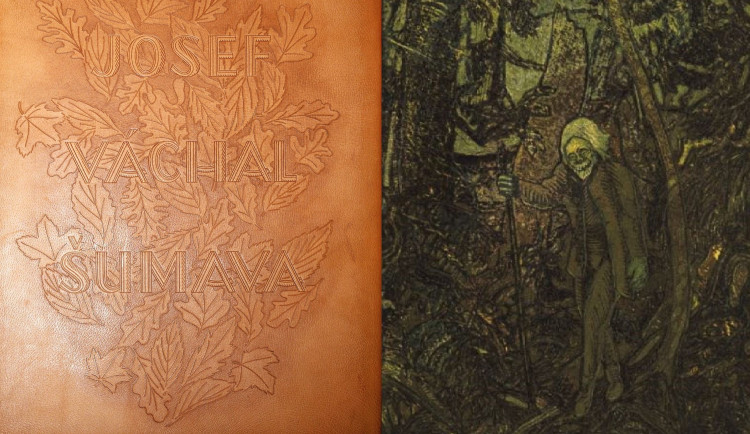 Titulní strana vítězné publikace vázané v kůži spolu s jedním barevným dřevorytem, který se nachází uvnitř