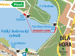 Město nechá vylepšit oblíbené pláže a břehy Velkého boleveckého rybníka, naveze se tam nový písek