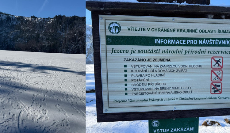 Návštěvníci Šumavy masivně vstupují na plochu zamrzlých jezer. Porušují tak zákon a riskují tučnou pokutu