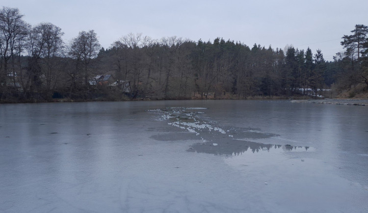 Muž se propadl ledem na Třemošenském rybníku, hasiči ho tahali ven s pomocí lana