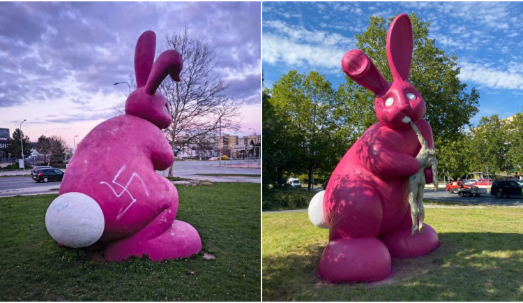 Vandal načmáral na kontroverzní sochu růžového králíka svastiku, nestalo se to zdaleka poprvé