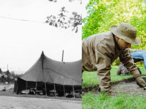 Dobová fotografie amerického vojenského tábora s polní nemocnicí a současné vykopávky v Borském parku