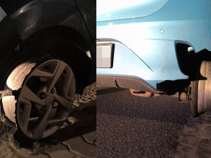 Jiskry sršely za autem, které nad ránem jelo bez pneumatiky po ráfku. Řídila ho žena