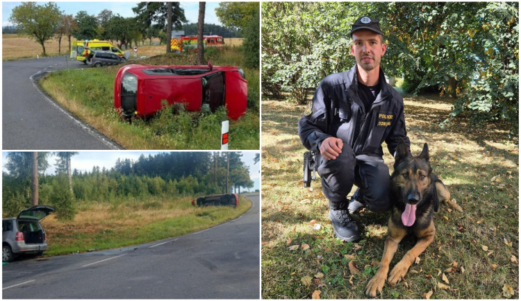 Muž na Brodsku boural a nemohl se dostat z auta. Pás mu přeřízl policejní psovod