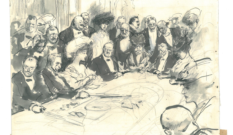 Hugo Boettinger, Herna v Ostende, 1906, tuš, papír, 235 x 315 mm, Reprofoto: Se svolením Západočeské galerie v Plzni