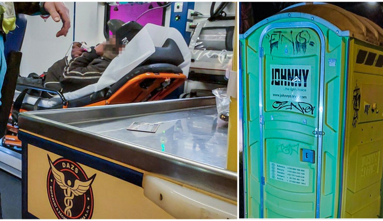 Z nitra mobilního WC se ozývalo volání o pomoc, uvnitř seděl opilý a zoufalý muž