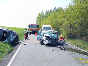 Tři lidé se zranili při drtivém střetu dvou aut. Hasiči vyprošťovali i fenku