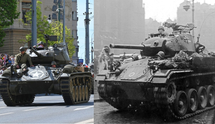Tank M24 Chaffee českého sběratele na Slavnostech svobody. Vpravo M24 Chaffee, který jako první tank přijel do Plzně. Na snímku na náměstí Republiky