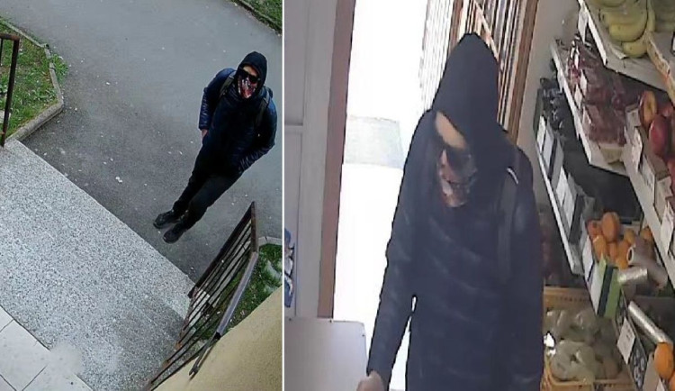 Maskovaný lupič s nožem v ruce přepadl prodejnu. Policie pátrá po muži z fotek