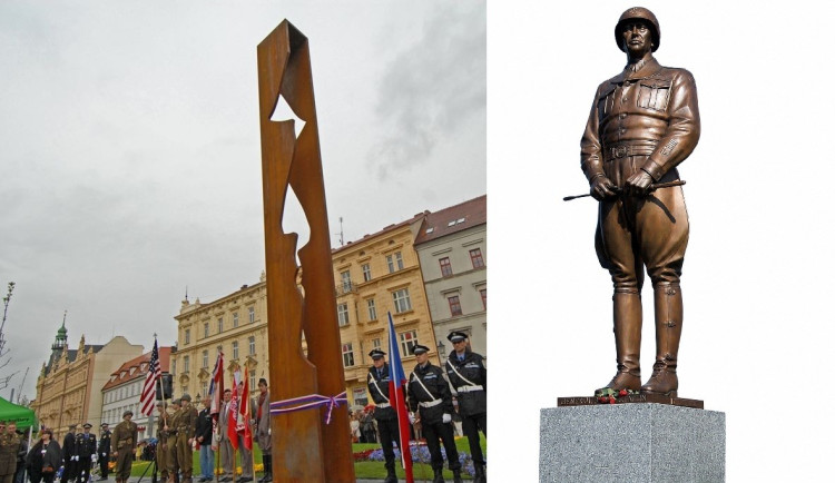 Památník generála Pattona v Plzni před Divadlem J.K. Tyla a socha generála od Jaroslava Bockera, která stojí v obci Dýšina
