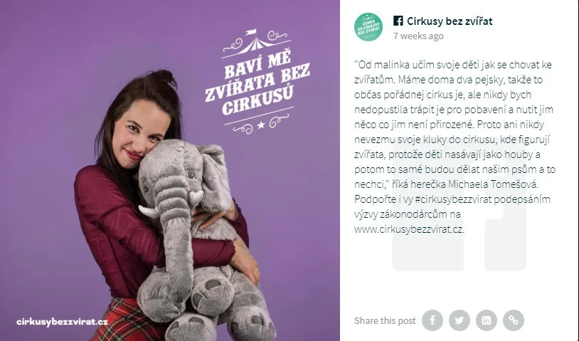 Divoká zvířata do šapitó nepatří, kampaň chce Cirkusy bez zvířat! Podporují ji i známé osobnosti.