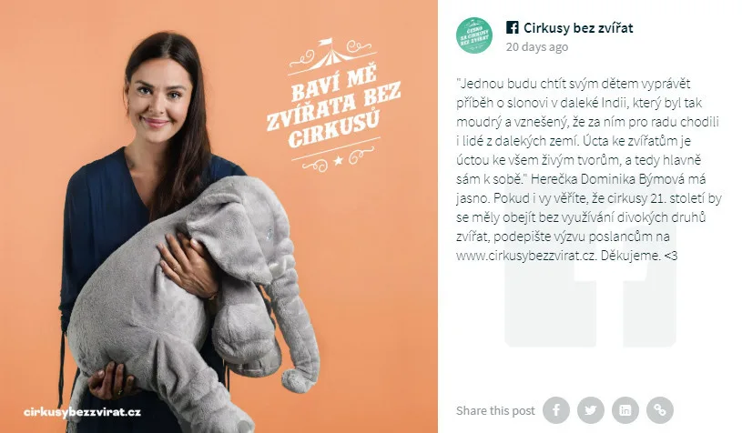 Divoká zvířata do šapitó nepatří, kampaň chce Cirkusy bez zvířat! Podporují ji i známé osobnosti.