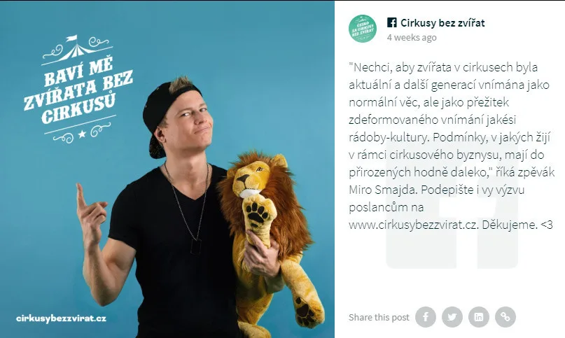 Divoká zvířata do šapitó nepatří, kampaň chce Cirkusy bez zvířat! Podporují ji i známé osobnosti.