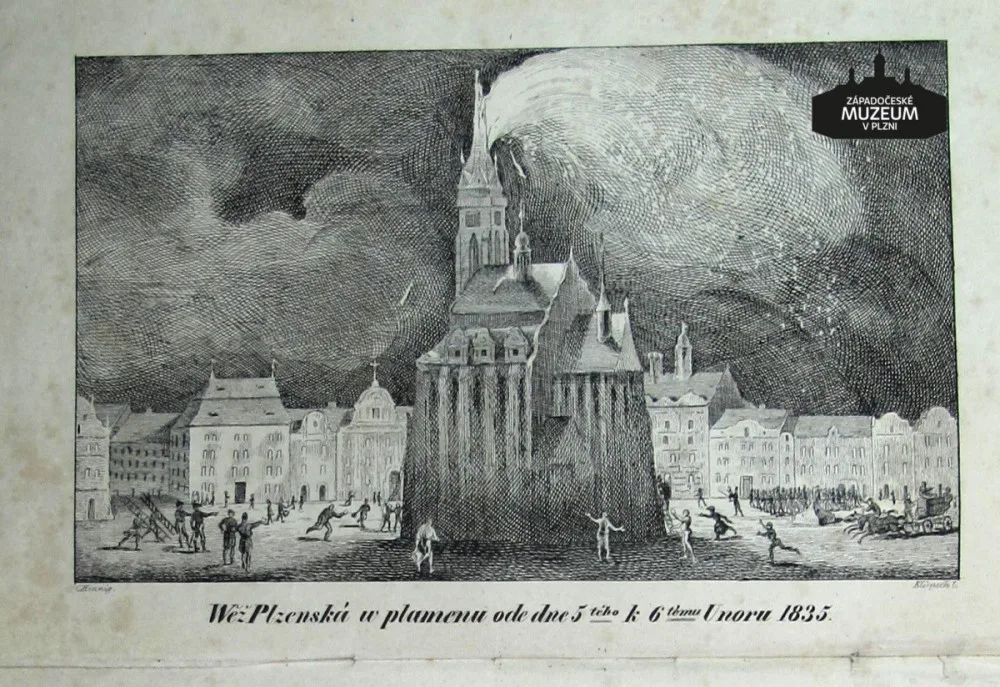 Ilustrace z titulního listu pamětní publikace Věž plzeňská v plamenech