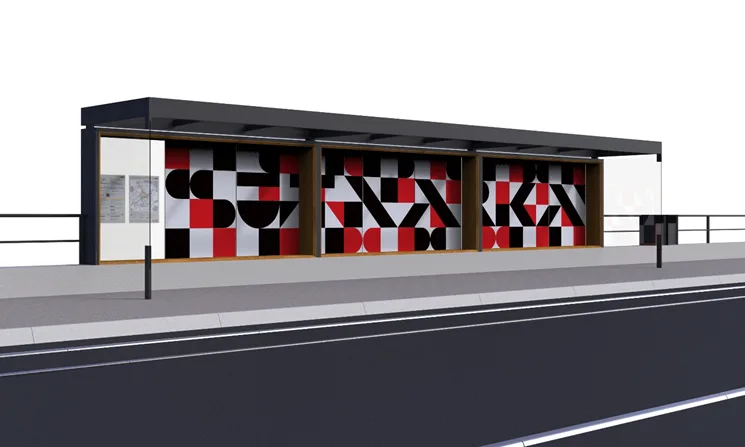 Vizualizace zastávek pro tramvajovou trať č. 4 v kampusu ZČU v Plzni. Autor designu je Radek Muzika