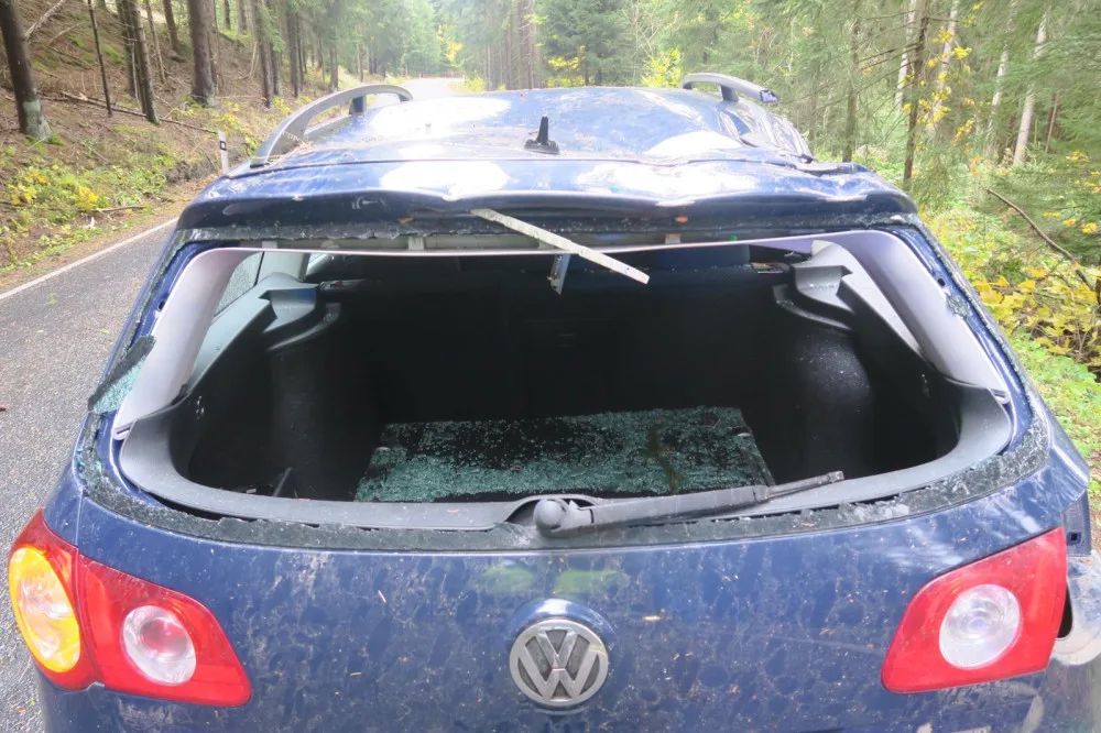 Zlomený smrk se zřítil na projíždějící auto, vichřice si celkem vyžádala 351 výjezdů hasičů