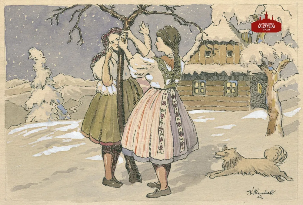 Vyobrazení vánočního zvyku "třesení bezem" malířem Karlem Koubkem, zdroj: ZČM