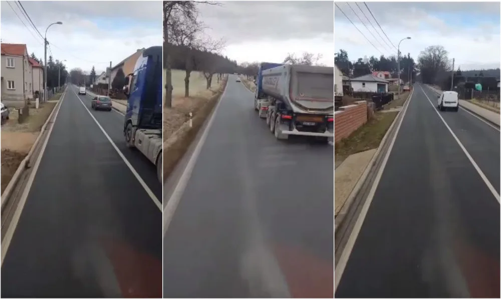 Jízda v protisměru a předjíždění v obci přes plnou čáru, řidič náklaďáku sám sebe usvědčil na videu z kabiny