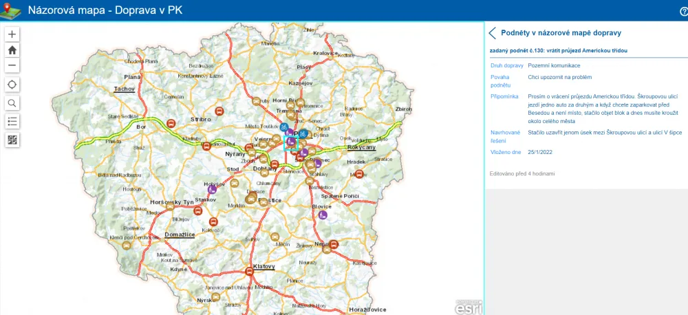 Názorová mapa Plzeňského kraje se plní podněty od veřejnosti, jak zlepšit dopravu na konkrétních místech