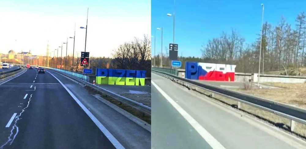 Sprejeři nastříkali nápis PLZEŇ ukrajinskými barvami, po kritice ho někdo předělal na českou verzi