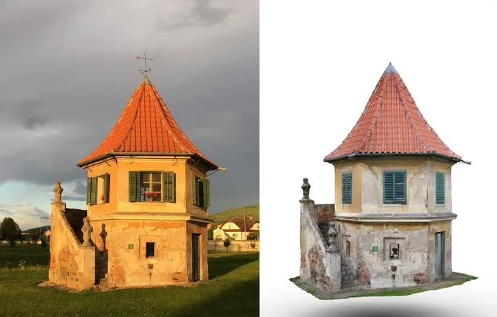 Gloriet v areálu zámku v Červeném Poříčí v porovnání se svým virtuálním dvojčetem.