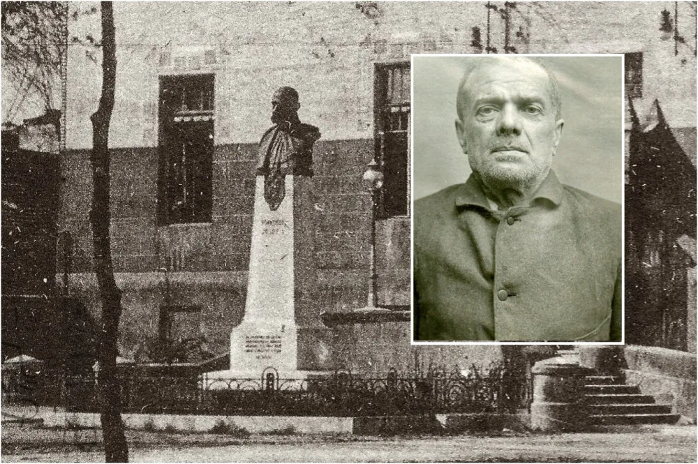 Busta Františka Josefa I. se nacházela v Pallově ulici před budovu tehdejší střelnice, zdroj: Archiv Majáku Plzně. Druhý snímek zobrazuje trestance Doubka, který si za urážky císaře odseděl přes 10 let