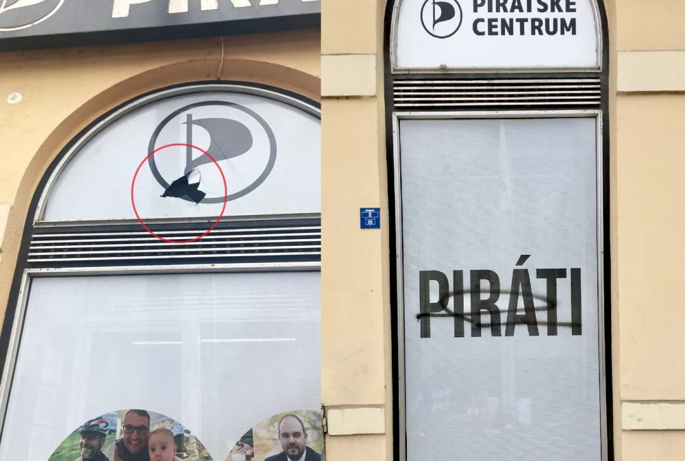 Neznámý vandal v noci zaútočil na sídlo Pirátů kamenem a sprejem