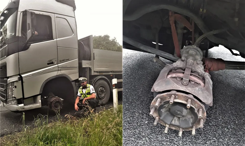 Bez levého předního kola uháněl po dálnici D5 kamion s vlekem, policejní hlídka byla v šoku