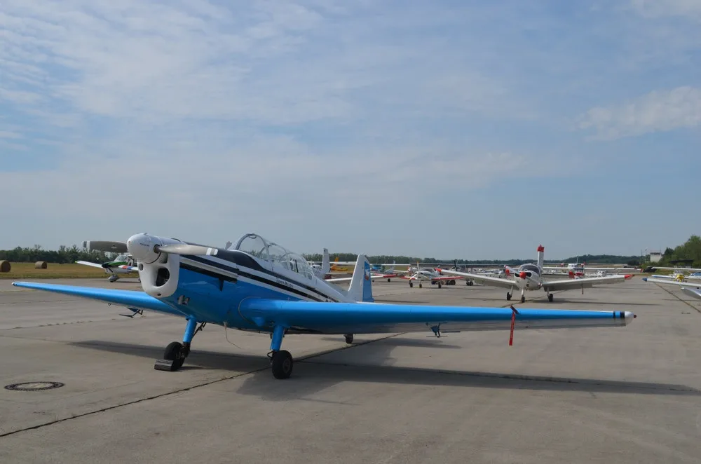 Snímek z protestní akce pilotů, kteří na dráhu v Líních vyskládali desítky leteadel