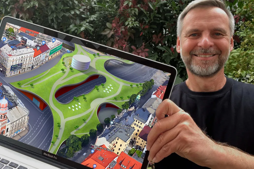 Futuristická skica možného řešení Sadů Pětatřicátníků (Autor: Pavel Bosák)