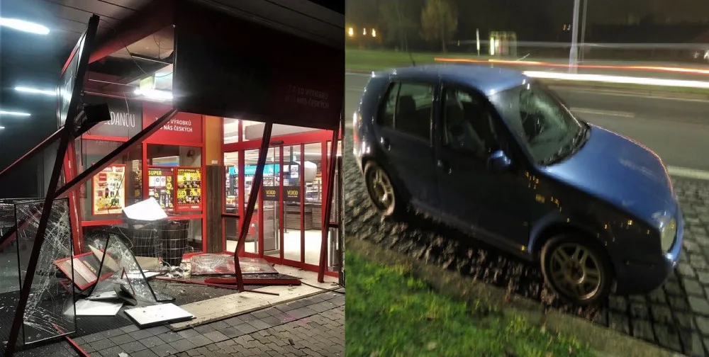 Po nezvládnutém driftování proletěl mladý motorista skleněným vestibulem prodejny, který zdemoloval