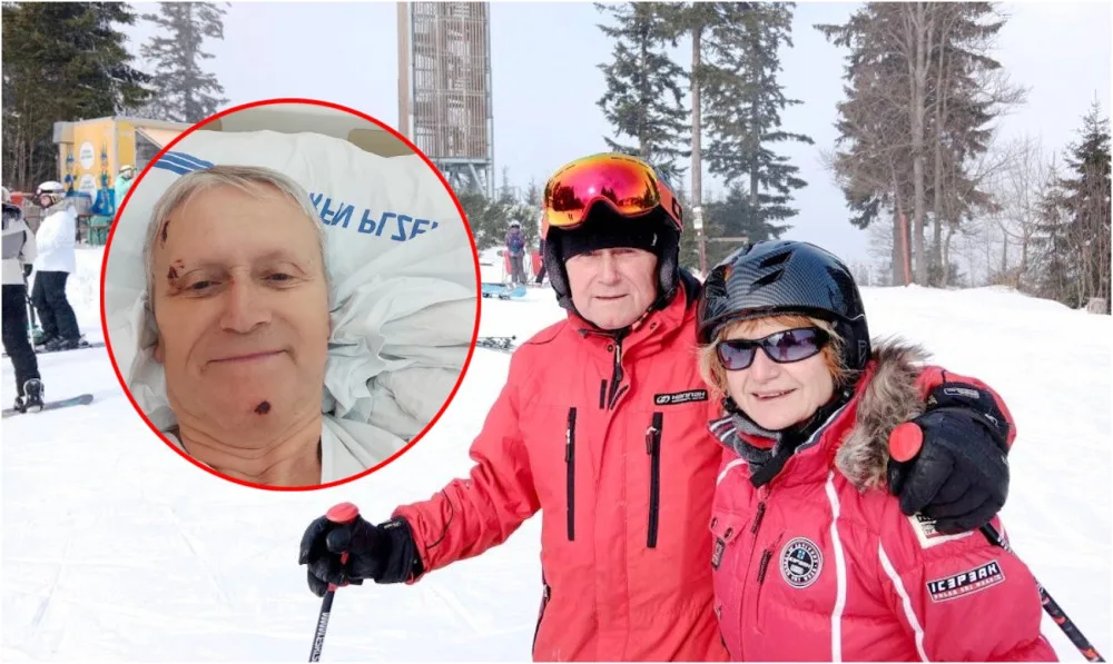 Antonín Srb s přítelkyní na šumavském Špičáku krátce před nehodou. Další snímek s krvavými šrámy v obličeji je už z jeho pobytu v nemocnici.