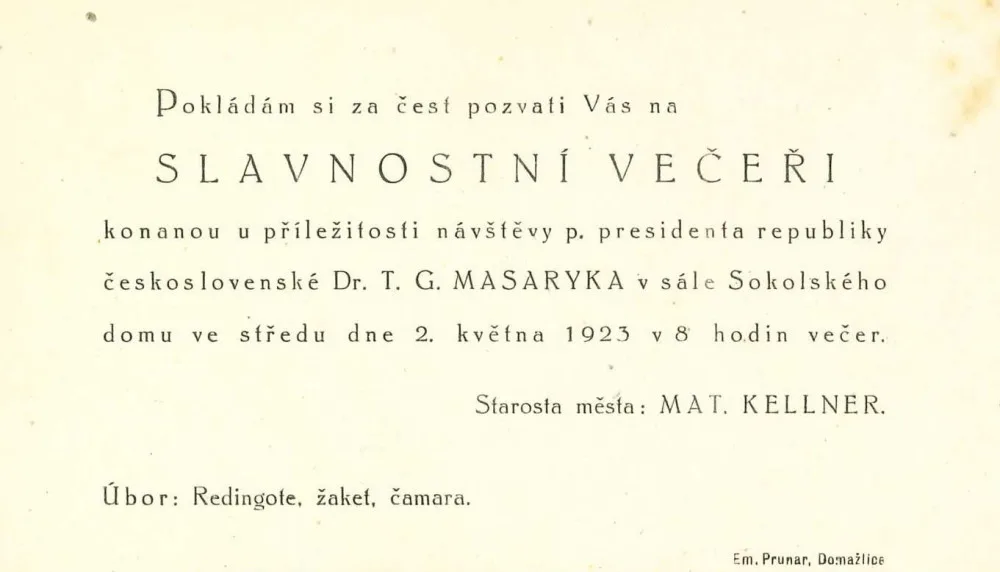 Pozvánka na slavnostní večeři s TGM v Domažlicích, 1923, květen, AM Domažlice, inv. č. 1872, kar. 983