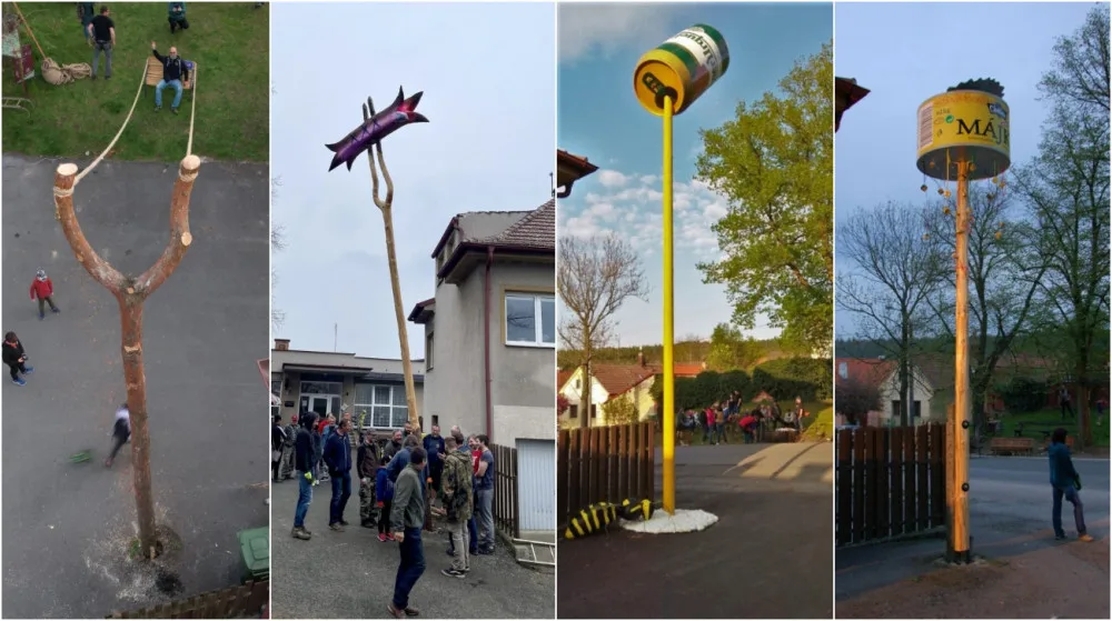 FOTO: Nadšenci staví každý rok veselé májky, před hospodou v minulosti vztyčili obří prak i ikonickou paštiku
