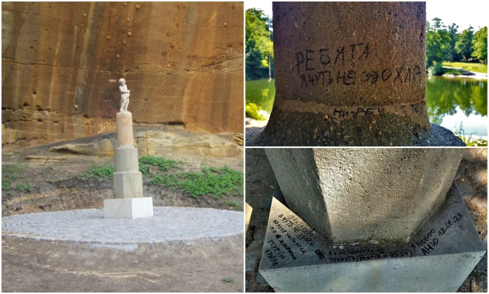 Sochu populárního andělíčka popsal neznámý vandal nápisy v azbuce