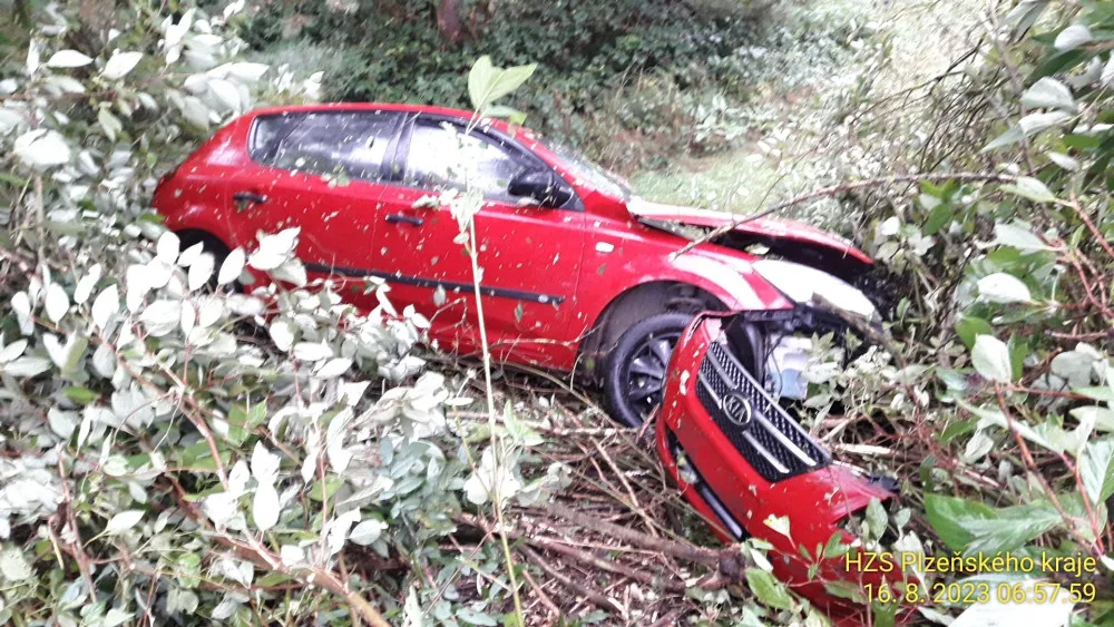 Auto vyletělo v zatáčce ze silnice, narazilo do sloupu a skončilo v husté vegetaci. Řidička je v kritickém stavu
