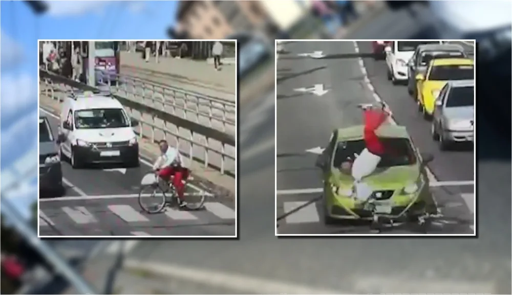 VIDEO: Cyklista prosvištěl na červenou po přechodu přímo před policejní hlídkou, srazilo ho auto