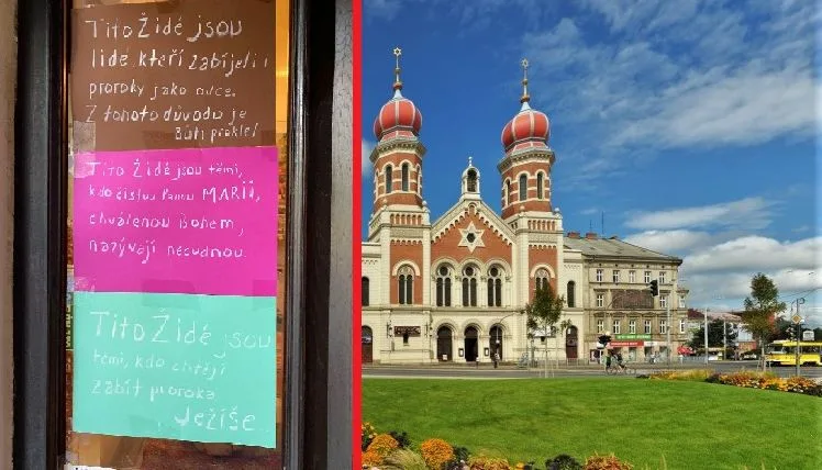 Prodejna kebabu, kde se objevil plakát s protižidovskými texty se nachází jen nedaleko od vstupu do Velké synagogy v Plzni