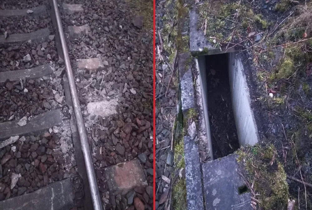 Na koleje neznámý pachatel vyskládal tyto betonové kryty, které našel opodál