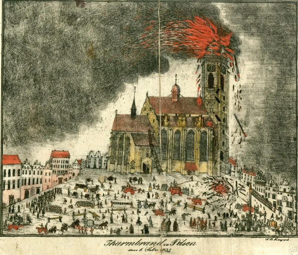 Další ničivý požár postihl Plzeň v roce1835, kdy blesk zapálil věz kostela sv. Bartoloměje, zdroj: Archiv města Plzně