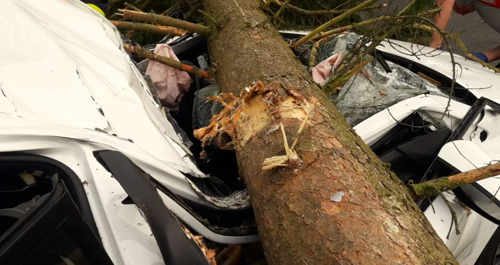 VIDEO: Na jedoucí auto spadl strom. Ze zdemolovaného vozu vyprošťovali hasiči těžce zraněnou ženu