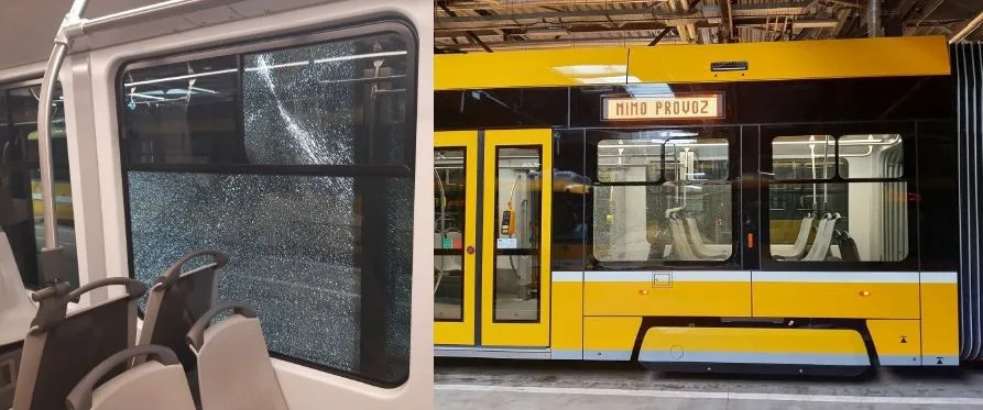 Okna několika tramvají rozbil neznámý pachatel v blízkosti vozovny. Nelze vyloučit, že je někdo prostřílel