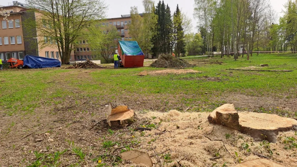 Kácení dřevin a demolice starých garáží. V areálu Rokycanské nemocnice se pohybují dělníci