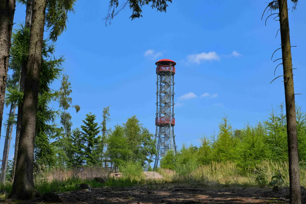 Populární rozhledna na Kotli slaví 10. výročí. Vyhlídková plošina je ve výšce 25 metrů a vede tam 142 schodů