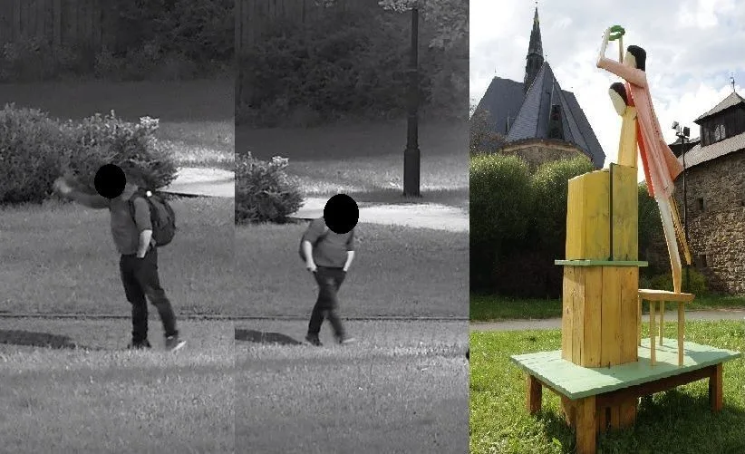 Veřejnost pomohla podle fotografií dopadnout pachatele, který zdemoloval sochu nazvanou Korunovace