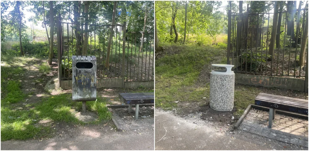 Čapkova ulice, plechový koš před výměnou a nový betonový koš po výměně